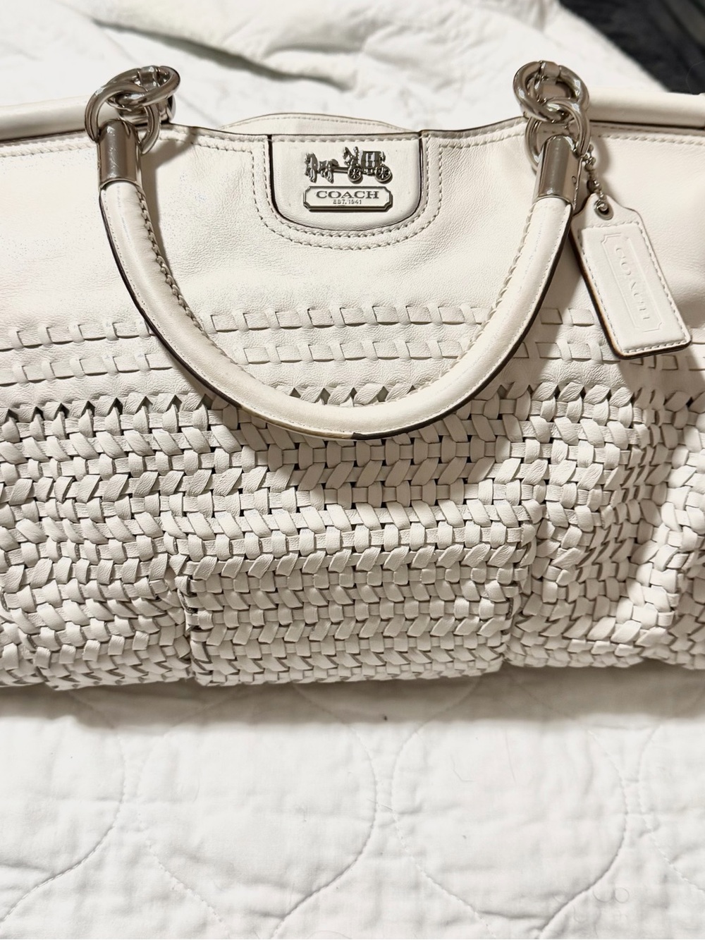 Coach Cream Woven Leather Satchel with Silver Hardware